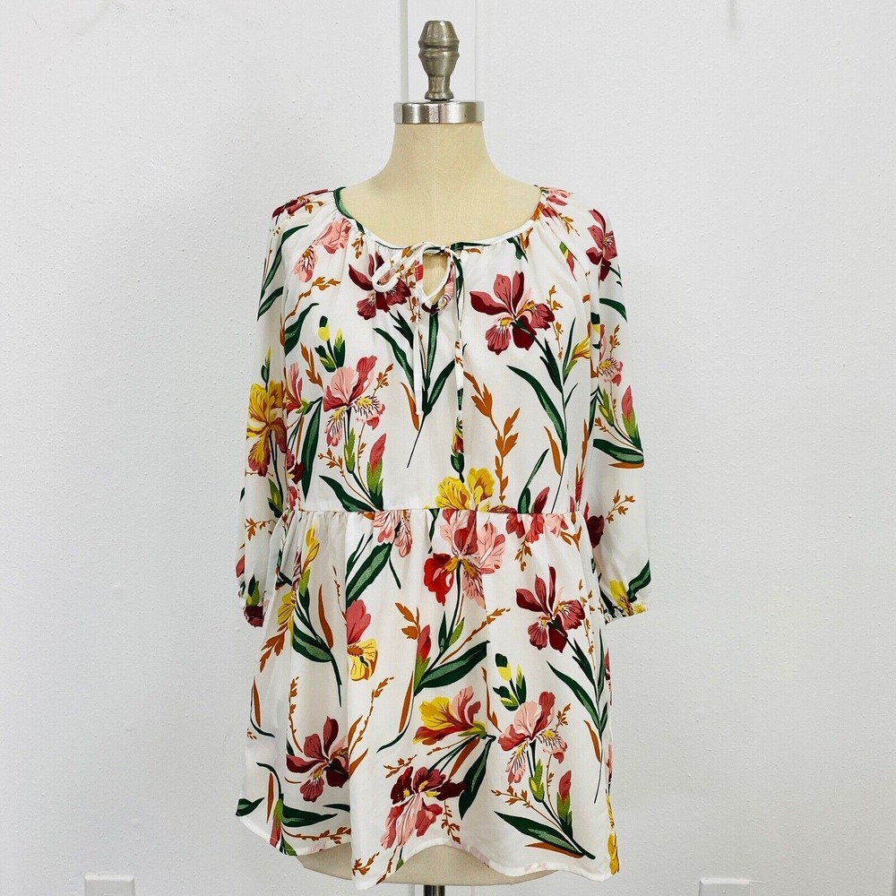 Suzanne Betro Tunic Women Medium White Floral Keyhole Tie Front Babydoll Boho - Picture 1 of 9